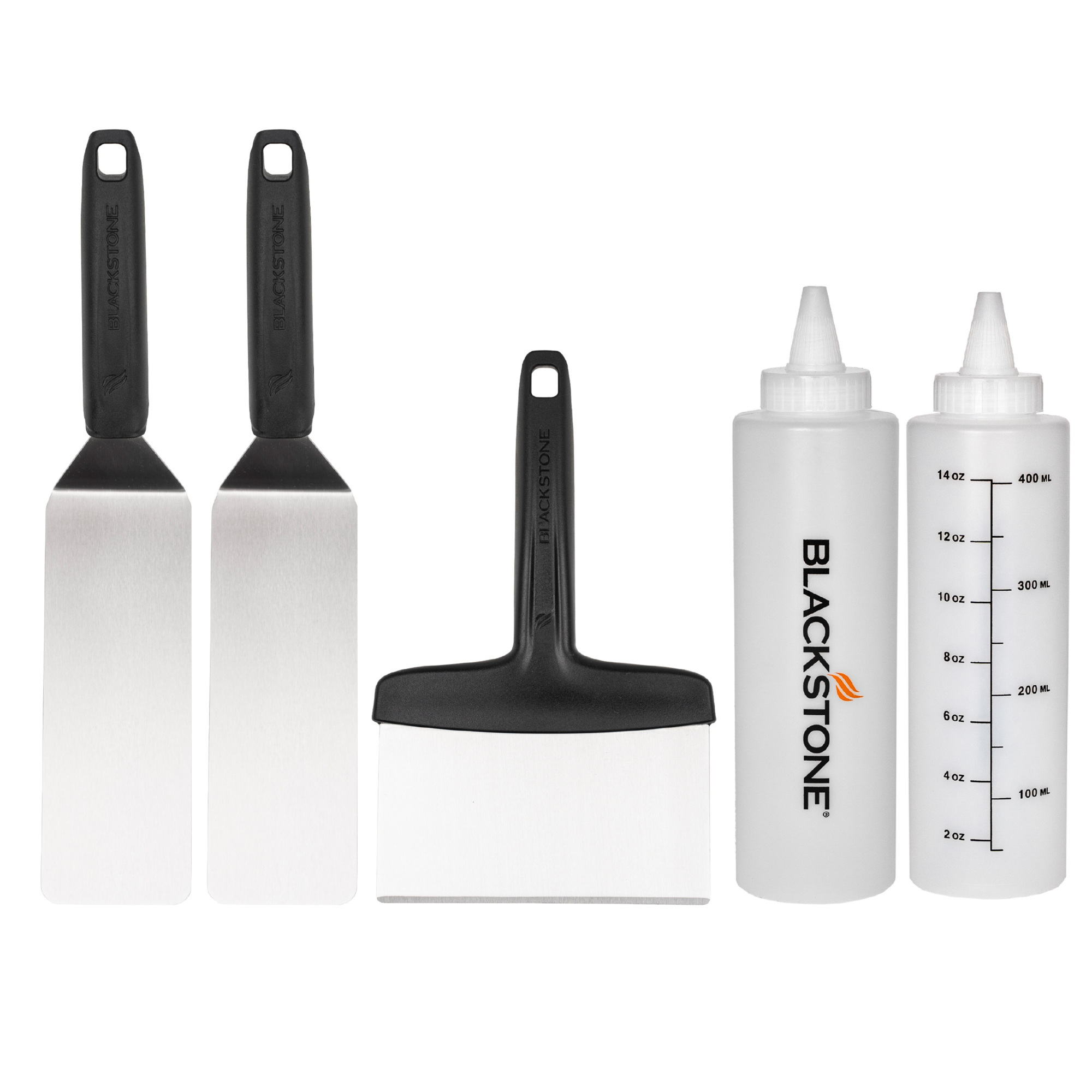 Blackstone Pro Griddle Toolkit — 5 Piece, Stainless Steel Spatulas, Griddle Scraper, Squeeze Bottles, Model# 5230